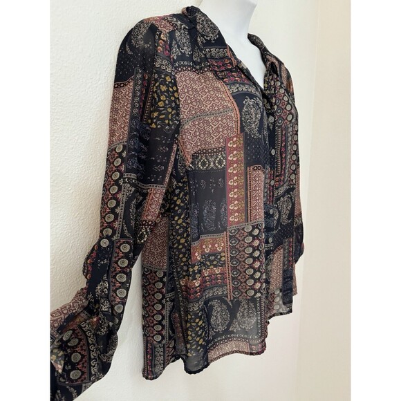 Cb Established 1962 Blouse Women’s Plus 3X  Button up Patchwork Blue Roll Tab - Picture 3 of 8